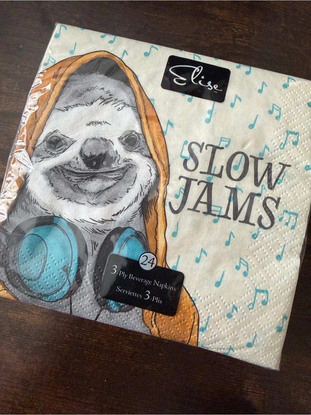 Elise 'Slow Jams' Sloth Napkins - Teal & Gold
